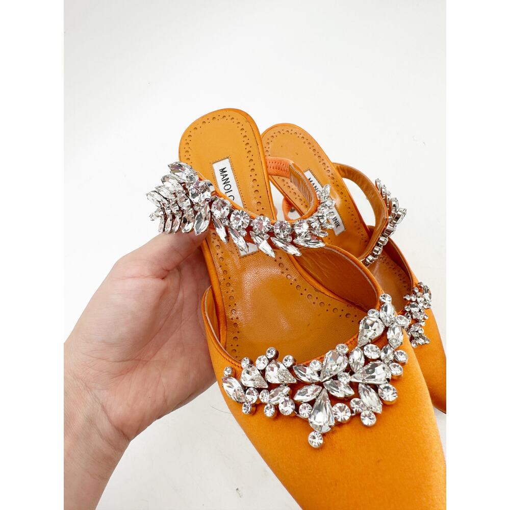 Manolo Blahnik Orange Satin Crystal Embellished 90 Mules 39.5‎ - Picture 5 of 10